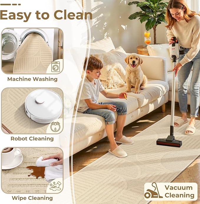 Findosom Washable Runner Rug 2x6, Geometric High-Low Textured Non Slip Hallway Runner Rug with Rubber Backing, Boho Carpet Runner for Kitchen, Bedroom, Laundry, Entryway, Bathroom, Beige