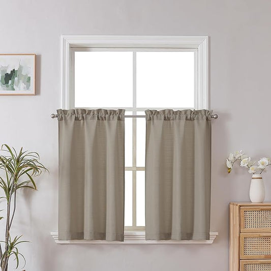 Chyhomenyc 2-Panel Stone Beige Kitchen Curtains, 36 Inch Length Tier, Faux Linen Textured Small Cafe, Light Filtering for Bathroom, Basement, Each 30x36 inch