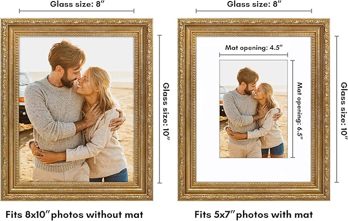 Americanflat 8x10 Picture Frame with Shatter-Resistant Glass - Use as 5x7 Frame with Mat or Display 8x10 Photo Without Mat - Ornate Picture Frames for Wall and Tabletop Display - Gold