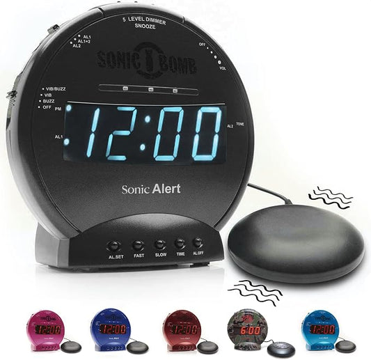 Sonic Alert Sonic Bomb Dual Alarm Clock with Bed Shaker, Black Vibrating Alarm Clock Heavy Sleepers, Battery Backup | Wake with a Shake by SonicAlert