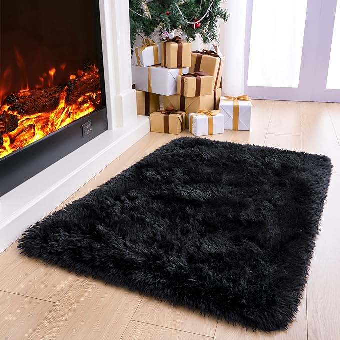 Noahas Door Mat Indoor Entrance,2x3 Shaggy Small Black Area Rugs for Entryway,Non-Slip Fluffy Entry Bedroom Rug,Soft Plush Bedside Throw Kids Carpet