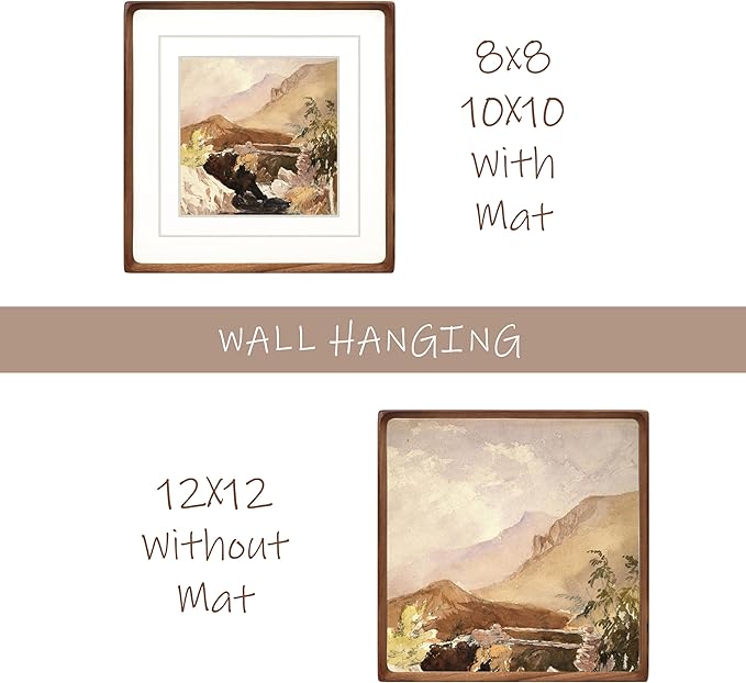 Square 12x12 Picture Frame with Mat for 8x8/10x10, Natural Walnut Wood Handcrafted Rounded Corner with Real Glass, Vertical or Horizontal Display Photo Gallery Wall Mounting Frame