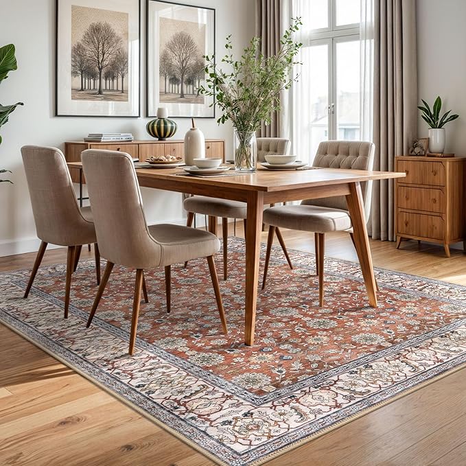 KUTA 5x7 Area Rugs, Vintage Red Clay Washable Rugs for Living Room Ultra Thin Soft Non-Slip Printed Distressed Tribal Traditional Farmhouse Carpet for Bedroom Dining Room Dorm Office Home