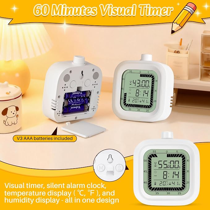 Visual Timer, 60 Minutes Countdown & Countup Timer, Digital Alarm Clock with Temperature and Humidity Monitor, 4 in 1 Multifunctional Desk Clock for Kids Study, Kitchen, Office and Home,Blue - Image 4