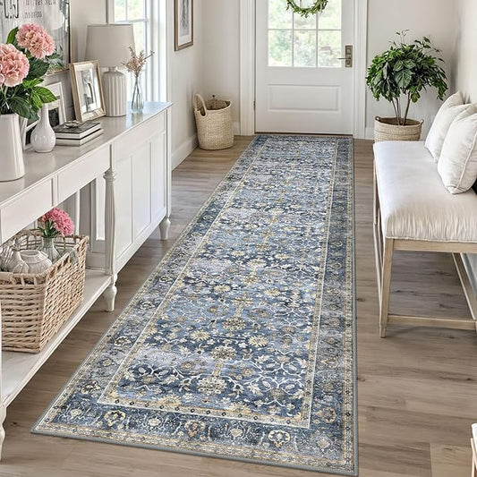 KUTA Vintage Washable Runner Rug, 2.6x10 Blue Grey Beige Runners for Hallways Non-Slip Kitchen Rugs Ultra Thin Soft Printed Distressed Oriental Floral Floor Carpet for Laundry Living Room Nursery