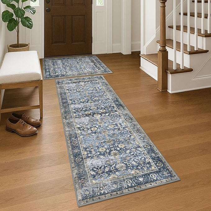 KUTA Vintage Floral Rugs for Entryway, 2PCS 2x3 and 2x6 Blue Grey Beige Entrance Small Area Rug, Non-Slip Washable Ultra Thin Soft Hallway Runner Rug, Low-Pile Indoor Door Mat Floor Carpet