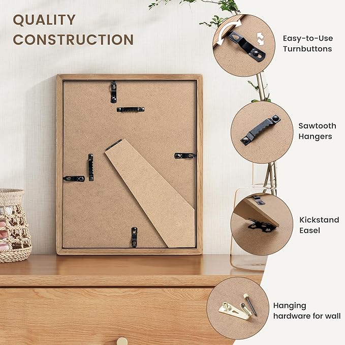 8.5 by 11 Picture Frame, USA-Sourced Oak Wood Photo Frames with HD Tempered Glass, Handcrafted Rounded Corner 8.5 x 11 Wooden Frames Matted to 6x8 Photos, 8.5x11 Frame, Tabletop or Wall Display