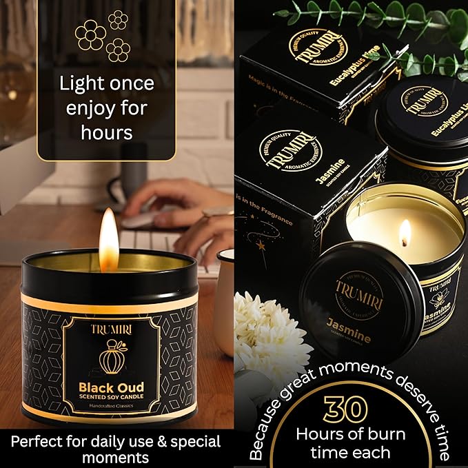 Candle Gift Set of 3 Black Oud|Jasmine|Eucalyptus Lime Highly Scented Soy Candels Natural Non Toxic Velas Aromáticas Favors for Women Coworkers Friends Guests Also for Fall Diwali Christmas Holidays