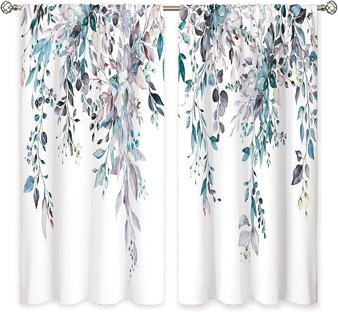 Blue Grey Eucalyptus Botanical Leaves Floral Window Curtains Watercolor Flower Plant Wildflower Farmhouse Boho Curtain Drapes Herb Curtains for Bedroom Living Room Treatment 52Wx84H Inch