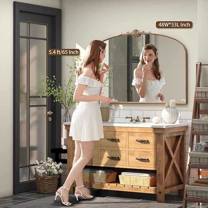 Besdomus Vintage Arched Gold Mirror: 48"x33" French Oversize Gold Antique Wall Mounted Mirror - Baroque Traditional Ornate for Entryway/Fireplace/Bathroom/Hallway - Home Decor for Fashion-Conscious