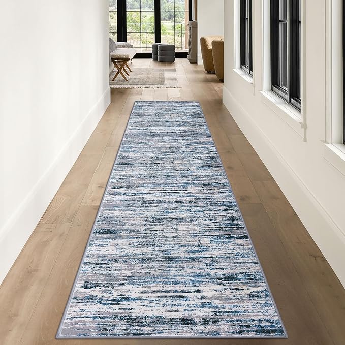 Lansny Modern Abstract Runner Rug 3x10, Grey Blue White Washable Kitchen Runner Non-Slip Soft Hallway Rug Runner Thin Print Faux Wool Carpet for Entryway Bedroom Laundry Room Indoor Home Office Decor