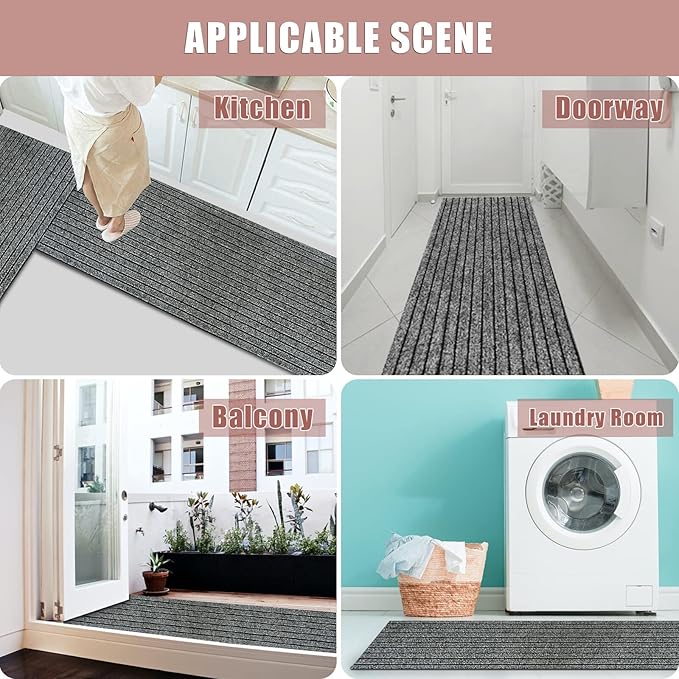 Runner Rug 4 ft x 30 ft Indoor/Outdoor Low Profile, Hallway, Kitchen, Patio, Deck Area, RV, Entryway, Garage, with Non-Slip Rubber Backing, Gray with Black Stripe, Custom