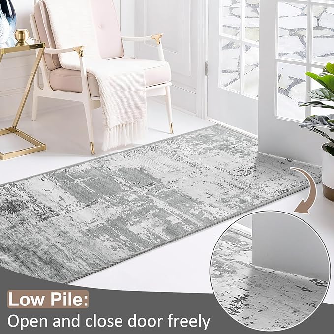 HOMORE 2x8 Runner Rug for Kitchen Hallways Runners Rugs,Grey Long Rug Non Slip Washable Rugs for Entrway Soft Abstract Carpet for Entrance Bedroom Living Room Bathroom