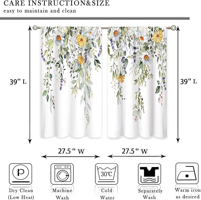 Eucalyptus Botanical Leaves Daisy Sunflower Floral Kitchen Window Curtains Over Sink Farmhouse Flower Leaf Small Treatment Cafe Short Curtains for Bathroom Treatment Tier Drapes 27.5x39 inch
