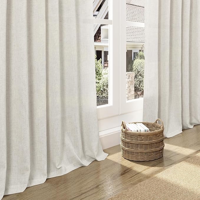 Nanspring Mousse White Linen Curtains 84 Inches Long for Living Room Light Filtering Semi Sheer Curtain Back Tab Simple Modern Elegant Luxury Coastal Decor Drapes for Bedroom Office 52x84,2 Panels