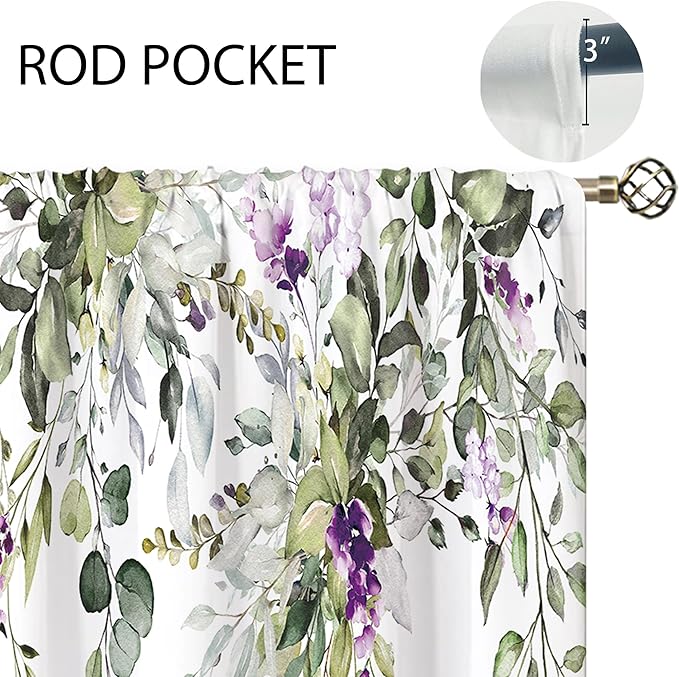 Purple Flower Sage Eucalyptus Botanical Leaves Floral Window Curtains Farmhouse Leaf Rod Pocket Sage Green Curtain Drapes Curtains for Bedroom Living Room Treatment 2 Panels 42Wx45H Inch