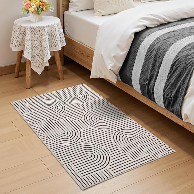 Washable Rug 2x3 Area Rugs for Entryway, Abstract Rug for Bedroom, Soft Rainbow Non Slip Small Area Rug with Rubber Back, Low Pile Stain Resistant Boho Geometric Carpet for Dining Room, LightCamel