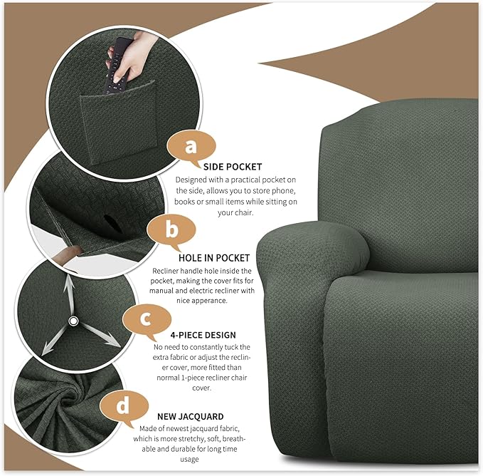 JIVINER 8-Piece Recliner Sofa Covers Stretch Jacquard Couch Covers for Reclining Slipcovers for Living Room 3 Cushion Soft Recliner Protector with Pocket (Sofa Recliner, Army Green)