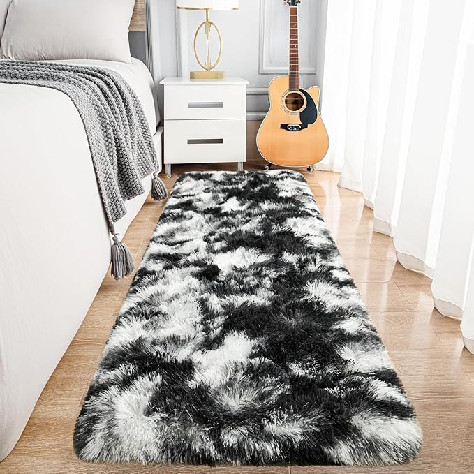 Noahas Runner Rug for Hallway,2'x6' Tie-Dyed Black and White Long Area Rugs for Bedroom Living Room,Non Slip Thick Shag Carpet for Entryway Dorm Bedside Kids Room