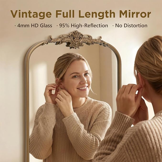 Besdomus Vintage Mirror Full Length: 21"x56" Gold Arched Full Body Mirror - Floor Antique Baroque Traditional Ornate for Entryway/Cloakroom/Bedroom/Living Room - Home Decor for Fashion-Conscious