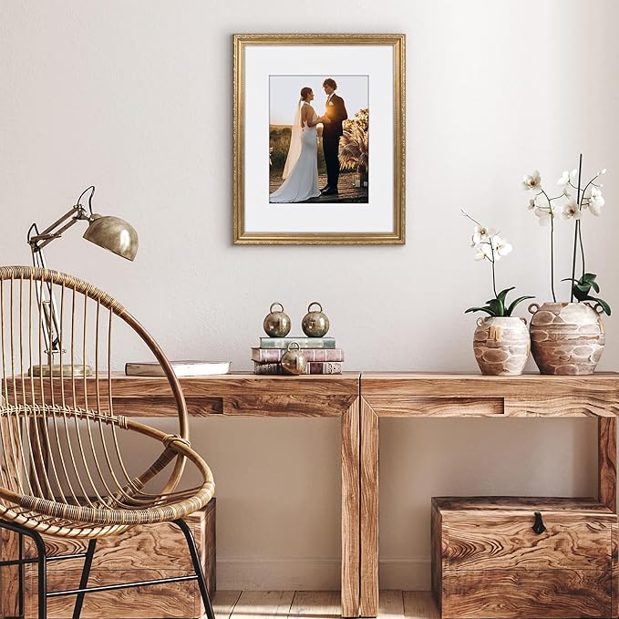 Americanflat 16x20 Picture Frame with Polished Plexiglass - Use as 11x14 Frame with Mat or Display 16x20 Photo Without Mat - Ornate Picture Frames for Wall Display - Gold