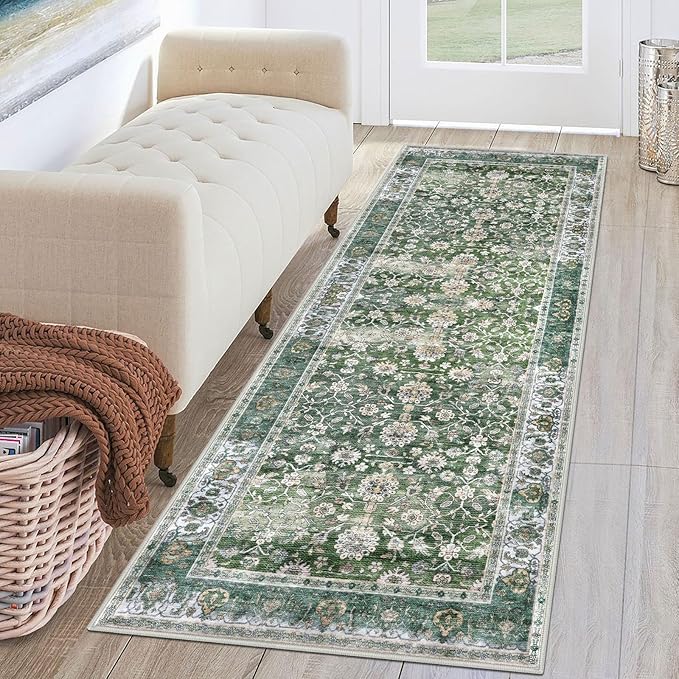 KUTA Runners for Hallways 2x6, Vintage Floral Rug Non-Slip Washable Kitchen Rugs Green Ultra Thin Soft Printed Retro Distressed Flower Carpet Entryway Rugs for Bedroom Laundry Nursery