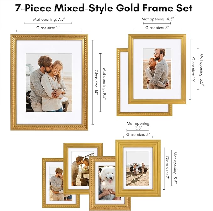Americanflat Set of 7 Vintage Gold Frames with Polished Clear Glass - Gallery Wall Frame Set with One 11x14 Frame, Two 8x10 Frames, and Four 5x7 Frames - Antique Frames for Tabletop or Wall Display