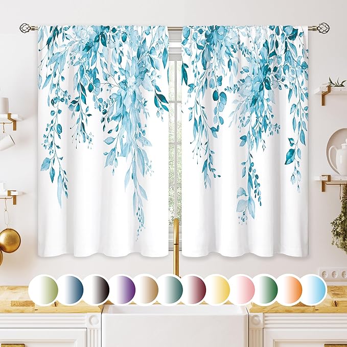 Blue Eucalyptus Botanical Leaves Floral Kitchen Window Curtains Over Sink Farmhouse Flower Spring Small Window Treatment Cafe Short Curtains for Bathroom Treatment Tier Drapes27.5x39 inch