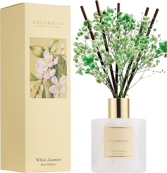 COCORR??NA Reed Diffuser - White Jasmine 6.7 Fl.oz Reed Diffuser Set with Sticks & Preserved Baby's Breath, Reed Diffuser for Home Bathroom Shelf Decor