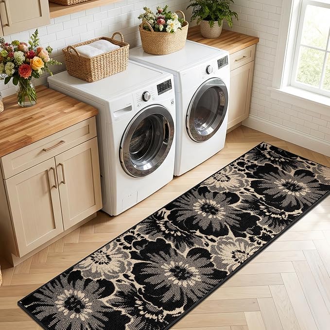 Findosom Hallway Runner Rug 2x8, Non Slip High-Low Textured Floral Washable Runner Rug with Rubber Backing, Boho Carpet Runner for Kitchen, Entryway, Bedroom, Laundry, Black & Beige