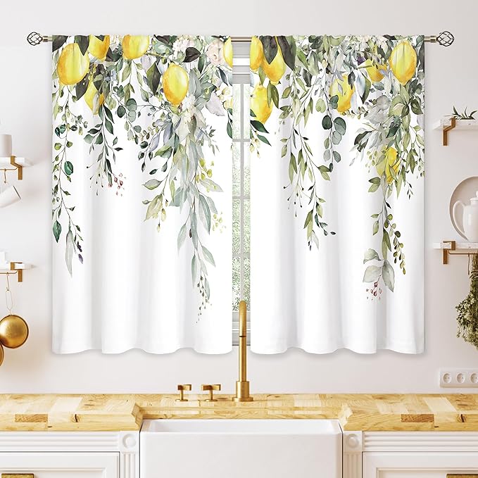 Eucalyptus Botanical Leaves Yellow Lemon Kitchen Window Curtains Herb Plant Floral Fruit Small Window Treatment Sage Green Cafe Short Curtains for Bathroom Treatment Tier Drapes 26x45 inch