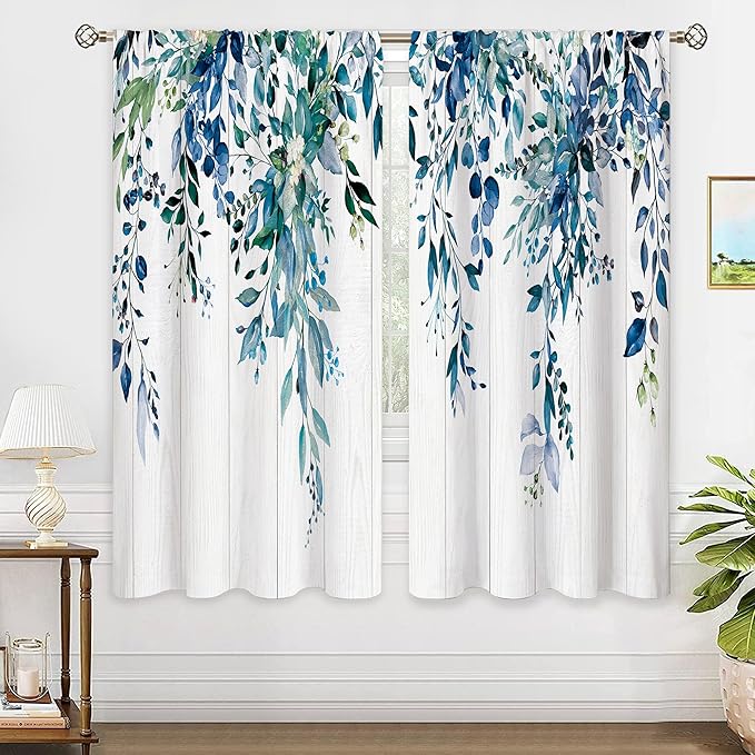Farmhouse Teal Eucalyptus Botanical Leaves Floral Window Curtains Blue Watercolor Wooden Flower Plant Wildflower Curtain Drapes Herb Curtains for Bedroom Living Room Treatment 42Wx63H Inch