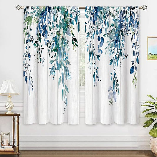 Farmhouse Teal Eucalyptus Botanical Leaves Floral Window Curtains Blue Watercolor Wooden Flower Plant Wildflower Curtain Drapes Herb Curtains for Bedroom Living Room Treatment 42Wx63H Inch