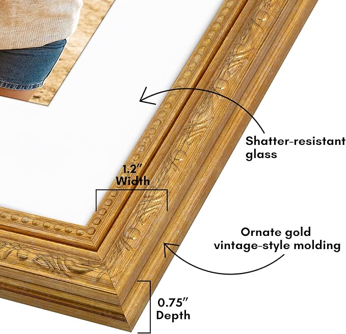 Americanflat 8x10 Picture Frame with Shatter-Resistant Glass - Use as 5x7 Frame with Mat or Display 8x10 Photo Without Mat - Ornate Picture Frames for Wall and Tabletop Display - Gold