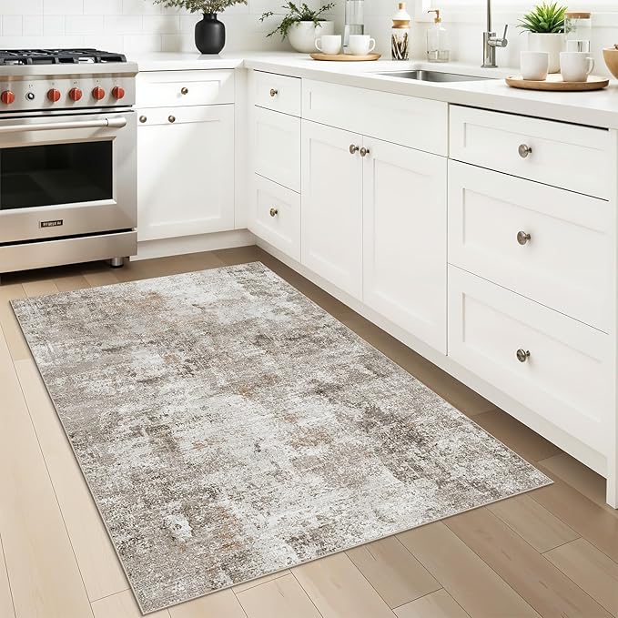 3x4 Washable Entryway Area Rug - Non-Slip Modern Small Indoor Mat for Bathroom,Living Room,Bedroom - Abstract Neutral Soft Low-Pile Throw Carpet with Rubber Backing (Beige Grey)