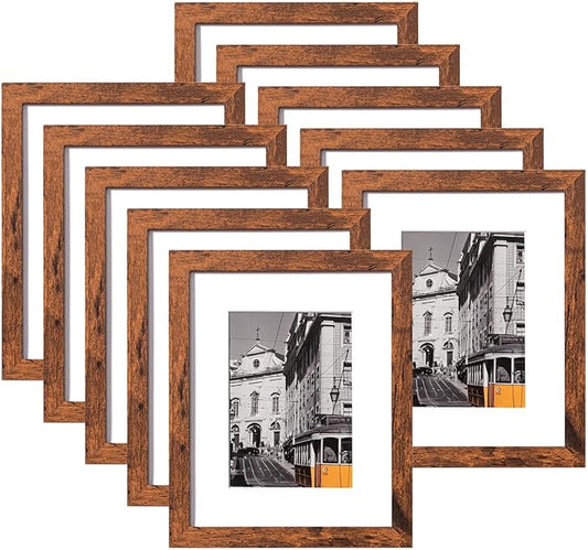eletecpro 8x10 Picture Frames Set of 10, Picture Frame Collage Wall Decor Display 5x7 Photo with Mat or 8x10 without Mat, Home Decor Gallery Frame for Table Top or Wall Mounting, Brown