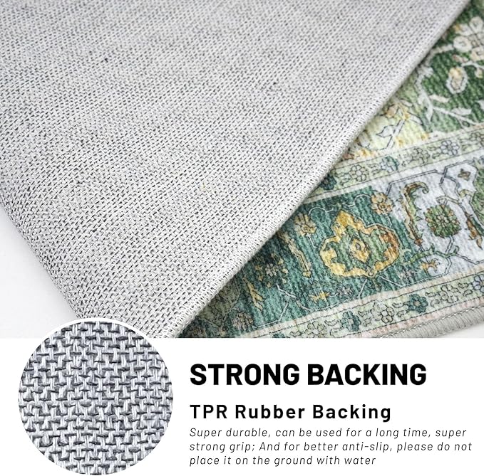 KUTA Vintage 8x10 Area Rugs for Living Room, Green Washable Large Rug for Bedroom 8ft x 10ft Non-Slip, Ultra Thin Soft Printed Traditional Floral Medallion Distressed Dining Room Low-Pile Carpet