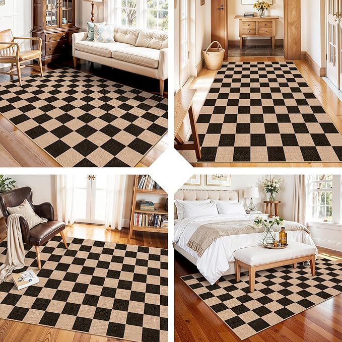 4x6 Jute Area Rug Washable: Non-Slip Indoor Floor Mat - Carpet for Living Room Entryway Kitchen Dining Room - Thin Low Pile Rugs Braided Woven Durable Farmhouse Decor (Black,4x6)