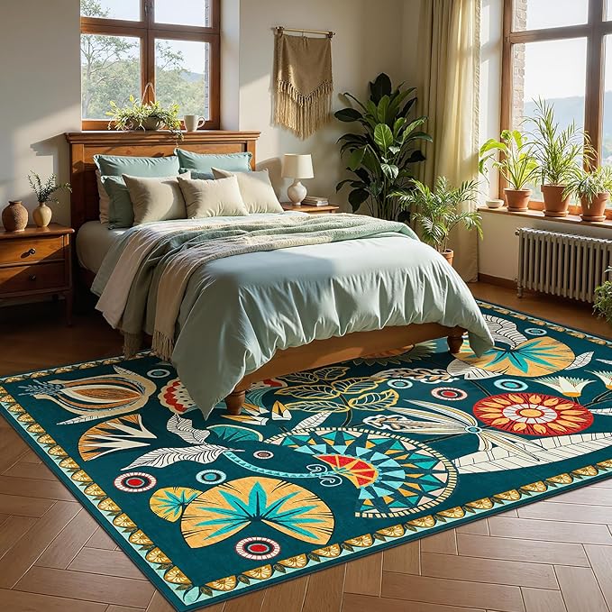Joydeco Egypt Floral Machine Washable Living Room Area Rugs 5x7, Boho Vintage Dark Green Rug for Bedroom Nursery, Non Slip Ultra-Thin Throw Carpet for Playroom Dining Room Classroom