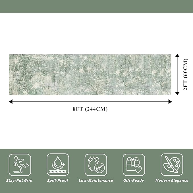 2x8 Washable Hallway Runner Rug – Non-Slip Modern Abstract Neutral Low-Pile Stain-Resistant Carpet Runner for Kitchen Entryway Bedroom Bathroom (Sage Green,2x8)