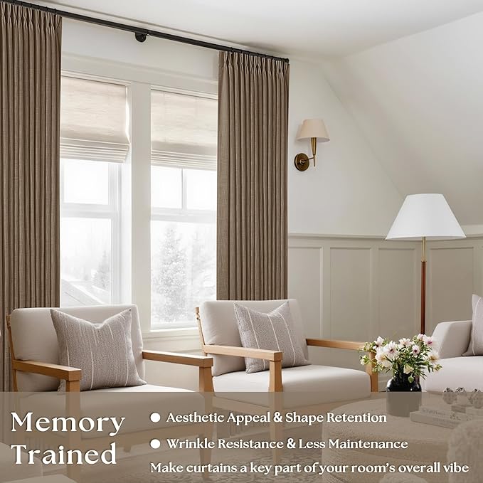 TWODRAPES Brown Linen Pinch Pleated Curtains 108 Inches Long 2 Panels for Living Room Bedroom Light Filtering Drapes 108 Inch Length Dutch Cocoa Semi Sheer Memory Shape Trained Ceiling Floor Curtain
