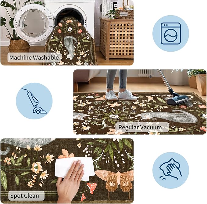 GarveeHome Round Area Rugs 5ft for Bedroom, Cat Brown Washable Circle Rug Soft Non Slip Mushroom Floral Floor Mat Carpet Indoor Thin Rug for Bedroom Dining Room Playroom Nursery Gothic Decor