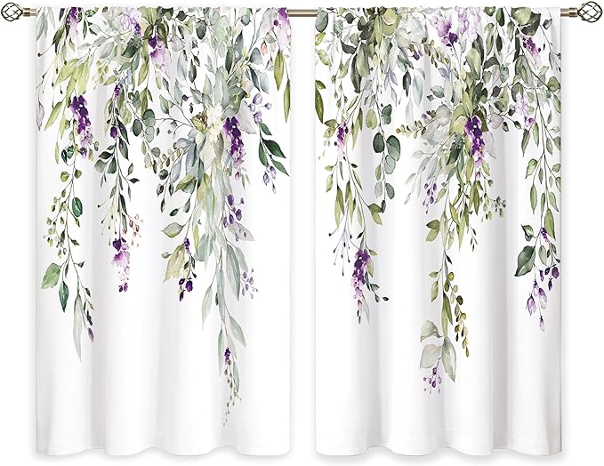 Eucalyptus Botanical Leaves Purple Floral Kitchen Window Curtains Flower Plant Leaf Small Window Treatment Sage Green Cafe Short Curtains for Bathroom Treatment Tier Drapes 27.9x39 inch