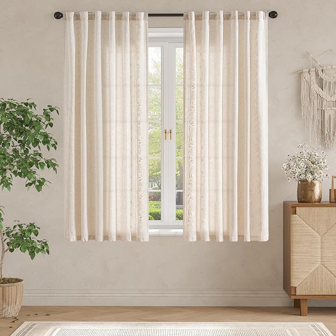 jinchan Winslow Linen Curtains for Bedroom 72 Inches Length Embroidered Bordered Floral Curtains for Living Room Farmhouse Decor Light Filtering Window Treatments Ivory on Beige Drapes 2 Panels