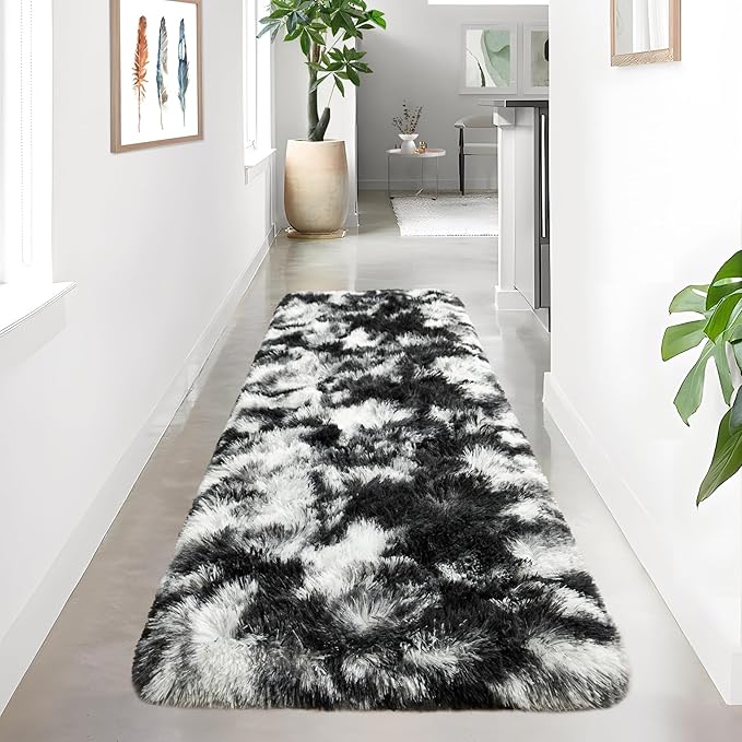 Noahas Runner Rug for Hallway,2'x6' Tie-Dyed Black and White Long Area Rugs for Bedroom Living Room,Non Slip Thick Shag Carpet for Entryway Dorm Bedside Kids Room