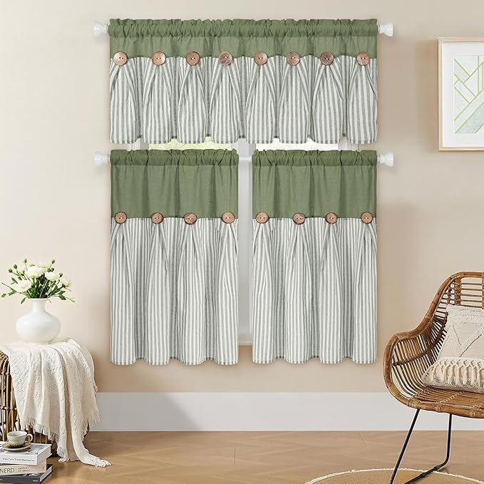 ASPMIZ Farmhouse Cotton Linen Valances for Windows, Boho Kitchen Curtains Valances with Rustic Button, Green Striped Window Treatments Curtain Valance for Bathroom Cafe, 52 x 18 Inch, 1 Pannel