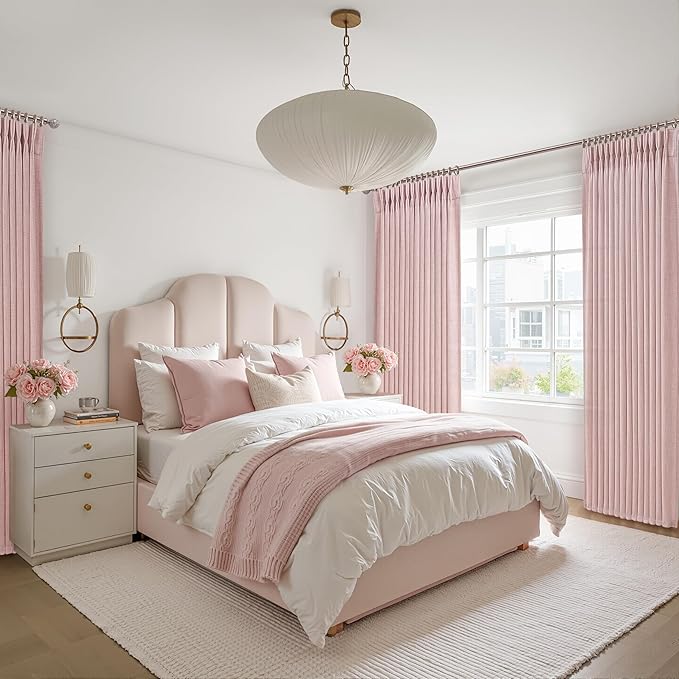 Cute Baby Pink Memory Trained Pinch Pleated Curtains 84 Inch Length 2 Panels Set for Girl Room Nursery, Linen Blend Light-Pink Princess Semi Sheer Light Filtering Living Room Drapes Back Tab 40Wx84L