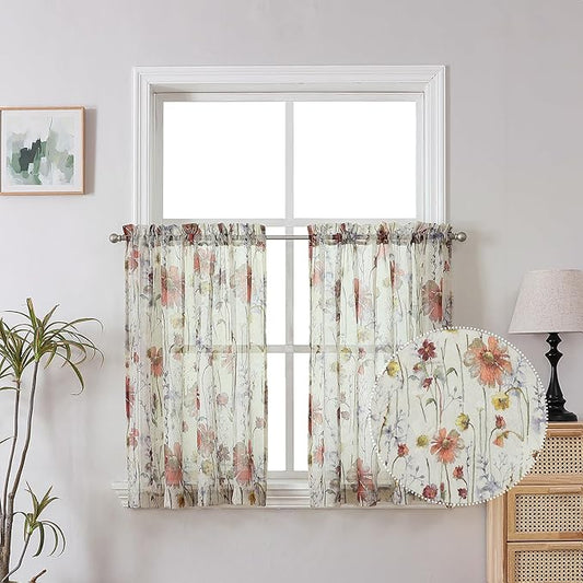 OWENIE Crushed Sheer Curtains Kitchen Tiers 36 Inch Length 2 Panels, Printed Design Small Window Half Curtains for Bathroom Cafe Bedroom Cupboard Living Room, Short Light Filtering Curtain, 42"x36"