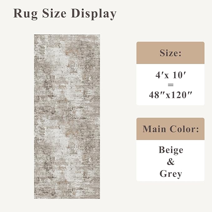 4x10 ft Extra Wide Hallway Rug – Non-Slip Washable Rubber-Backed Large Carpet Runner for Kitchen, Entryway | Modern Abstract, Low-Pile Thin Floor Mat for Bedroom Living Room Dining Room (Beige,Grey)