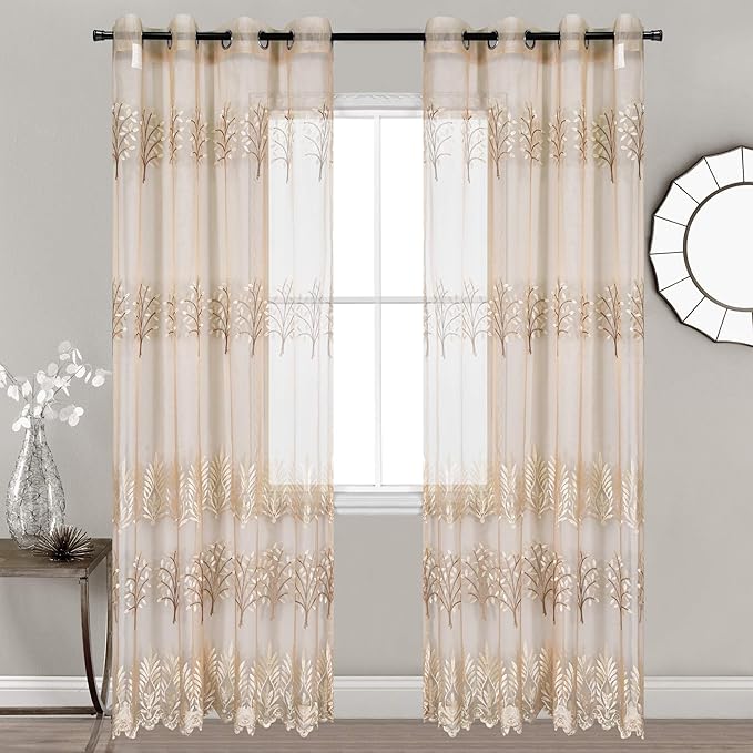 DONREN Tree Branch Embroidery Taupe Sheer Curtains for Bedroom - 96 inch Long Leaf Embroidery Voile Window Curtains (W 52 x L 96 Inch,2 Panels)